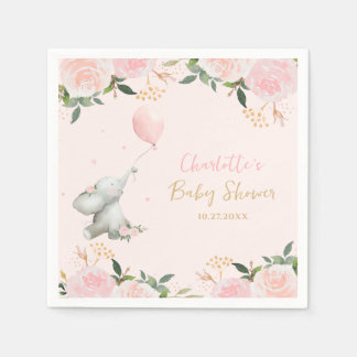Cute Watercolor Elephant Floral Girl Baby Shower Napkins