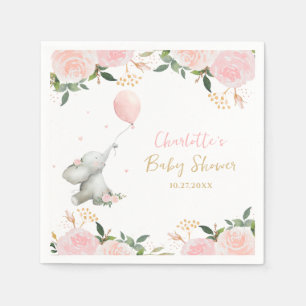 Cute Watercolor Elephant Floral Girl Baby Shower Napkins