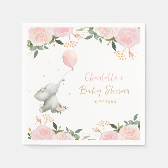 Cute Watercolor Elephant Floral Girl Baby Shower Napkins (Front)
