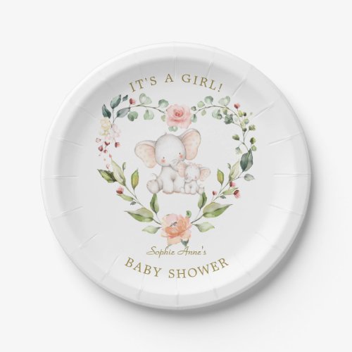 Cute Watercolor Elephant Floral Girl Baby Shower Paper Plates