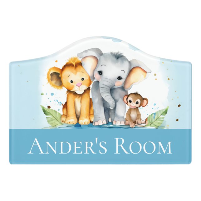 Cute Watercolor Elephant & Friends Baby's Name Door Sign (Small Crest Front)