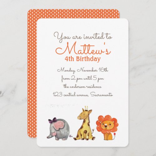 Cute Watercolor elephant giraffe lion BIRTHDAY Invitation