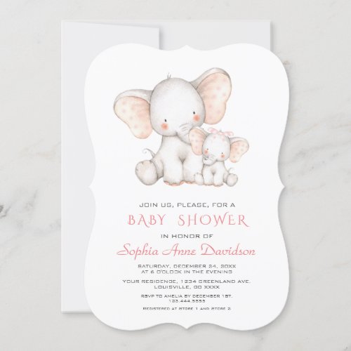 Cute Watercolor Elephant Girl Baby Shower Invitation