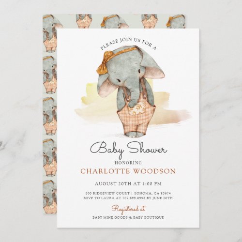 Cute Watercolor Elephant Girl Baby Shower Invitation