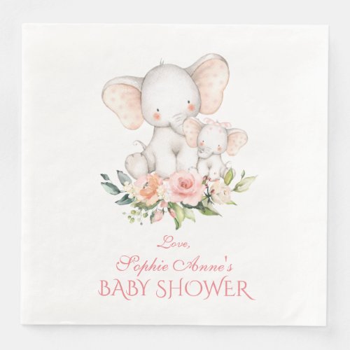 Cute Watercolor Elephant Girl Baby Shower Paper Dinner Napkins