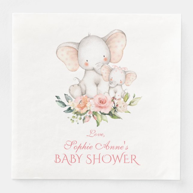 Cute Watercolor Elephant Girl Baby Shower Paper Dinner Napkins (Front)