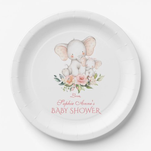 Cute Watercolor Elephant Girl Baby Shower Paper Plates