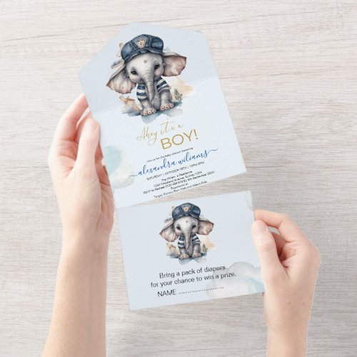 Cute Watercolor Elephant nautical theme baby showe All In One Invitation