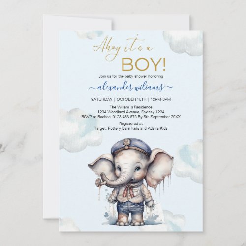 Cute Watercolor Elephant nautical theme baby showe Invitation