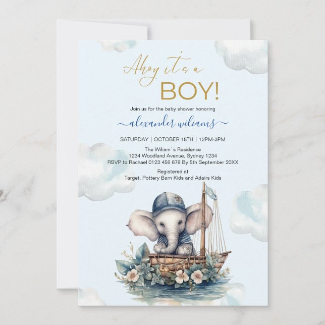 Cute Watercolor Elephant nautical theme baby showe Invitation (Front)