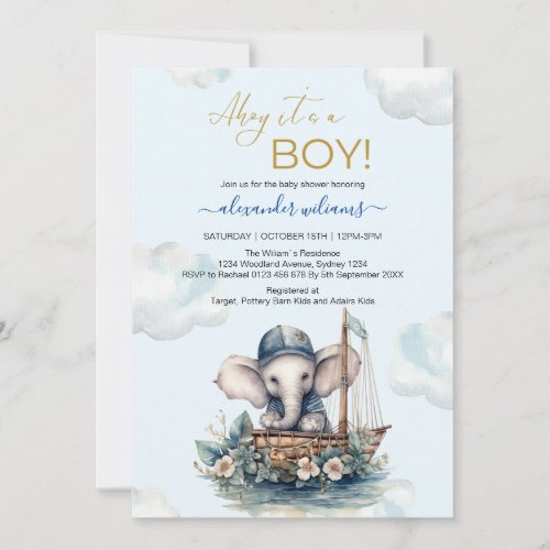 Cute Watercolor Elephant nautical theme baby showe Invitation