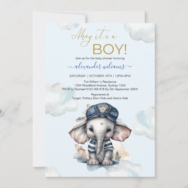 Cute Watercolor Elephant nautical theme baby showe Invitation (Front)