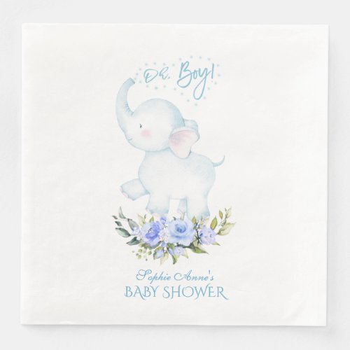 Cute Watercolor Elephant Oh Boy Baby Shower Paper Dinner Napkins