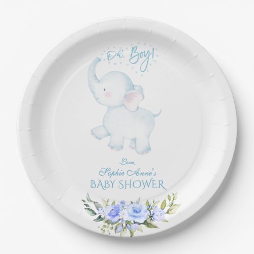 Cute Watercolor Elephant Oh Boy Baby Shower Paper Plates