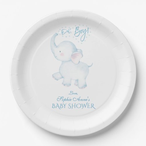 Cute Watercolor Elephant Oh Boy Baby Shower Paper Plates