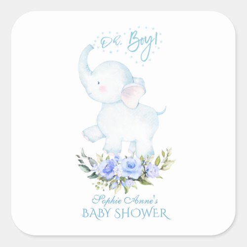 Cute Watercolor Elephant Oh Boy Baby Shower Square Sticker