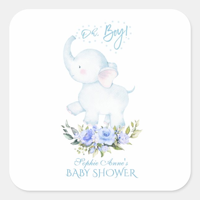 Cute Watercolor Elephant Oh Boy Baby Shower Square Sticker (Front)