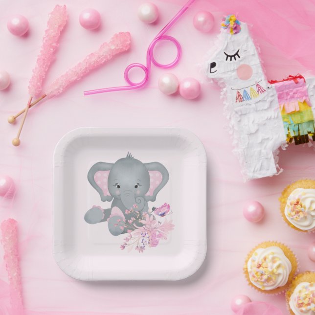 Cute watercolor Elephant  Paper Plates (Party)