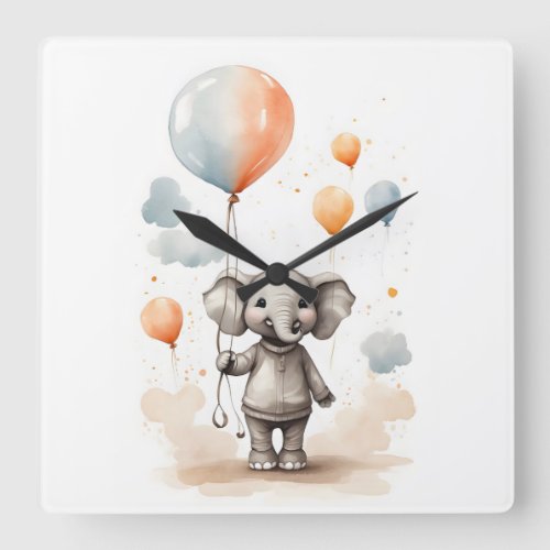 Cute Watercolor Elephant Red Blue Balloon Nursery Square Wall Clock