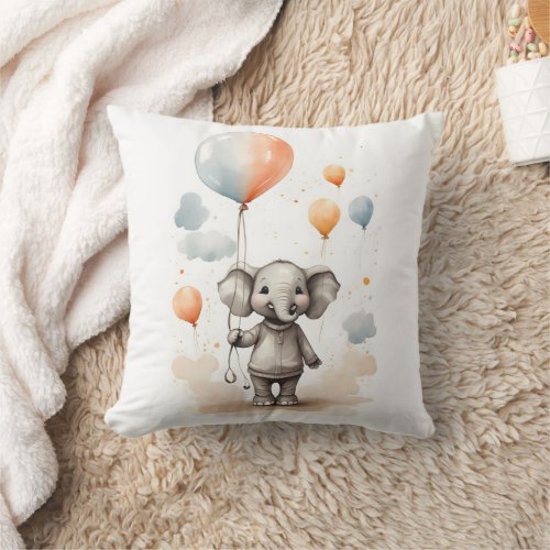 Cute Watercolor Elephant Red Blue Balloon Nursery Throw Pillow