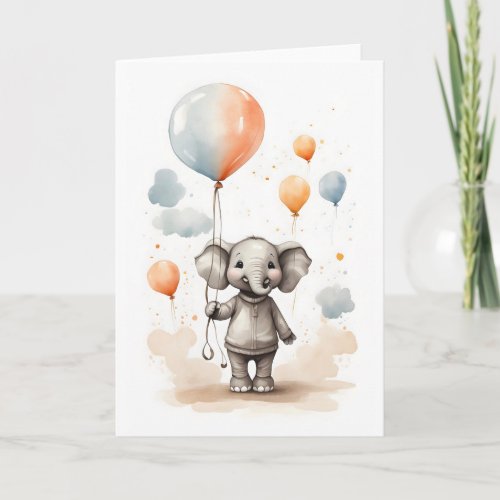 Cute Watercolor Elephant Red Blue Balloons Blank Card