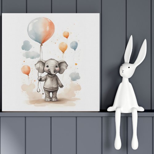 Cute Watercolor Elephant Red Blue Balloons Nursery Faux Canvas Print