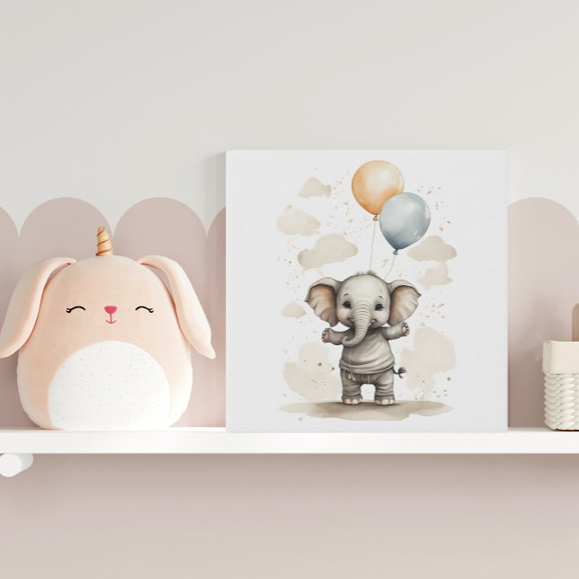 Cute Watercolor Elephant Shirt Balloons Nursery Faux Canvas Print (Creator Uploaded)