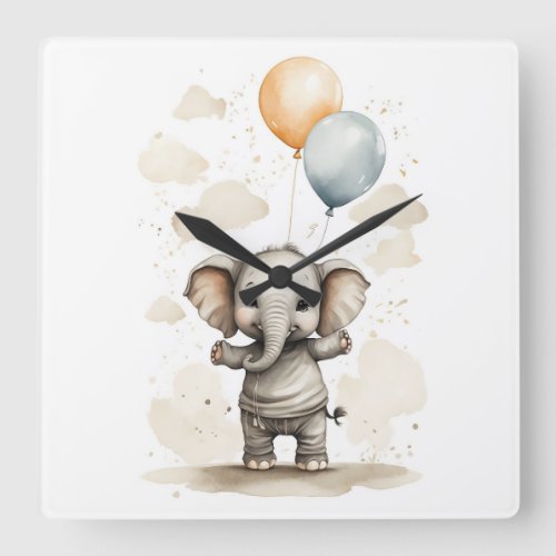 Cute Watercolor Elephant Shirt Balloons Nursery Square Wall Clock