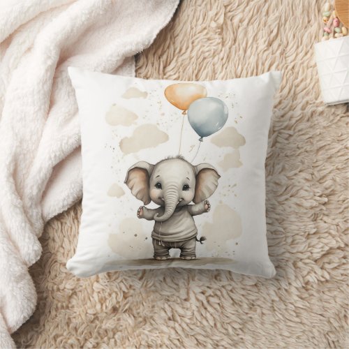 Cute Watercolor Elephant Shirt Big Balloon Nursery Throw Pillow