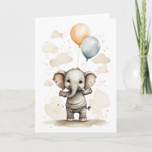 Cute Watercolor Elephant Shirt Pants Balloon Blank Card