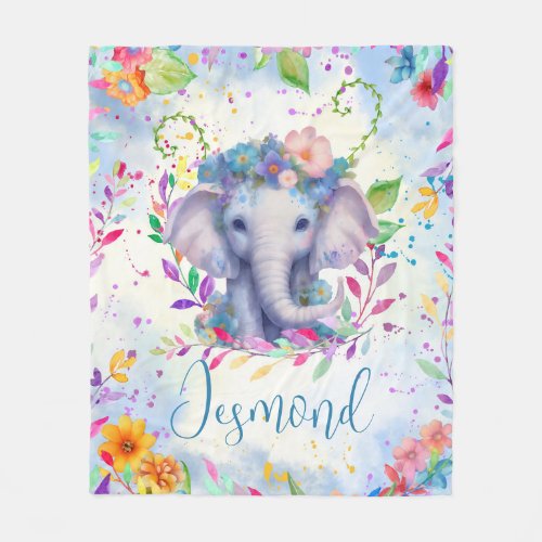 Cute Watercolor Elephant with flowers  Fleece Blanket