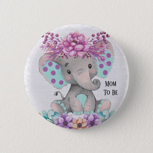 Cute Watercolor Elephant with Purple Teal Florals  Button