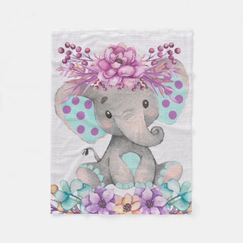 Cute Watercolor Elephant with Purple Teal Florals Fleece Blanket