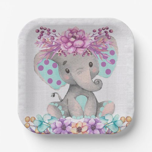 Cute Watercolor Elephant with Purple Teal Florals Paper Plates