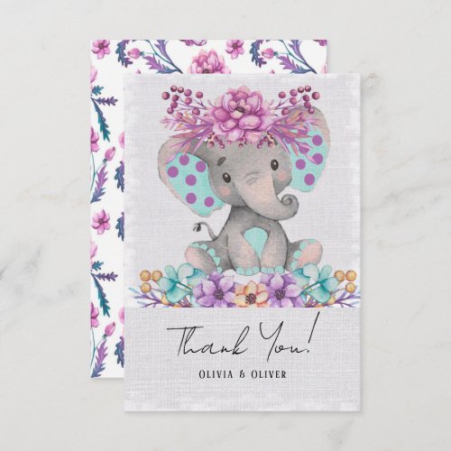 Cute Watercolor Elephant with Purple Teal Florals Thank You Card