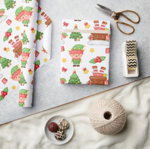 Cute Watercolor Elf Santa Holly Berries Christmas  Wrapping Paper