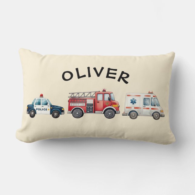 Cute Watercolor Emergency Vehicles Lumbar Pillow (Front)