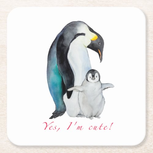 Cute watercolor emperor penguins square paper coaster