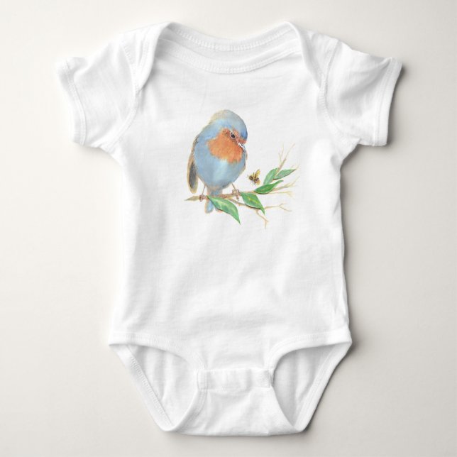 Cute Watercolor English Robin Birds & Bee  Baby Bodysuit (Front)