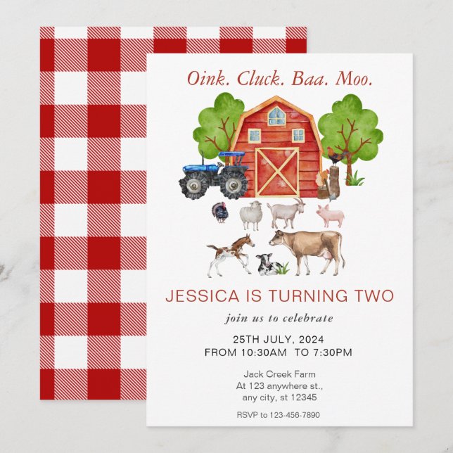 Cute Watercolor Farm Animals Kids Birthday Invitation (Front/Back)