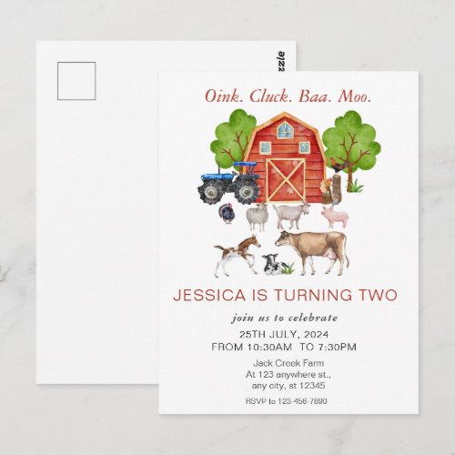 Cute Watercolor Farm Animals Kids Birthday