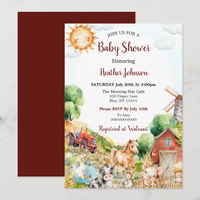 Cute Watercolor Farm Baby Shower Invitation (Front/Back)