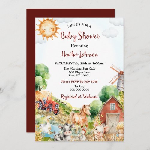 Cute Watercolor Farm Baby Shower Invitation