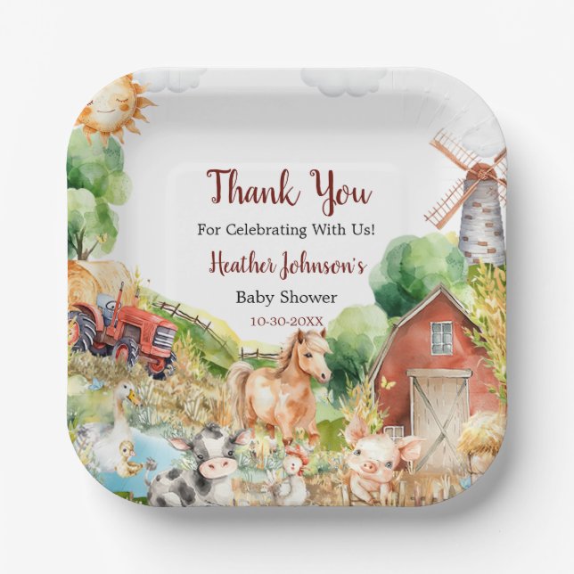 Cute Watercolor Farm Baby Shower Paper Plates (Front)
