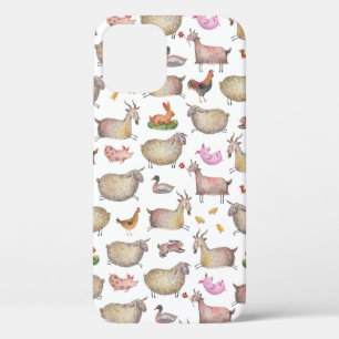 Cute Watercolor Farm Barn Animals Pattern iPhone 12 Case