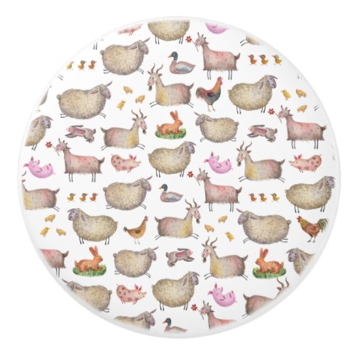 Cute Watercolor Farm Barn Animals Pattern Ceramic Knob