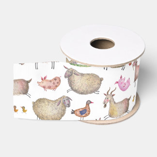 Cute Watercolor Farm Barn Animals Pattern Grosgrain Ribbon