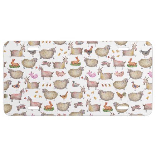 Cute Watercolor Farm Barn Animals Pattern License Plate