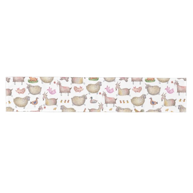 Cute Watercolor Farm Barn Animals Pattern Medium Table Runner (Horizontal)
