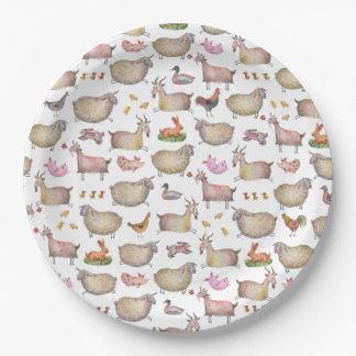 Cute Watercolor Farm Barn Animals Pattern Paper Plates